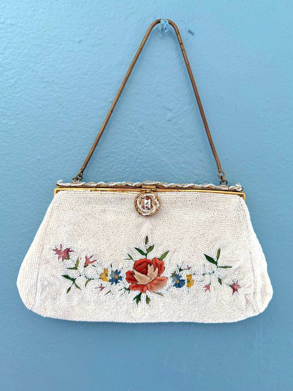 Vintage 1940s Ed B Robinson Hand Beaded Tapestry Purse Floral Evening Clutch